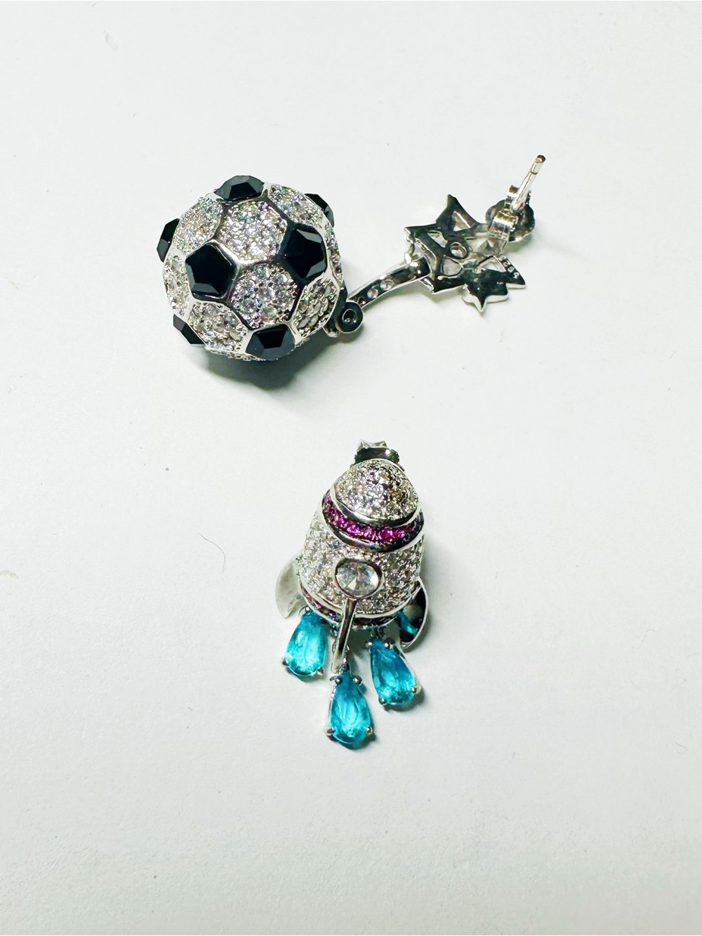 Mismatched Crystal Soccer Ball & Rocket Drop Earrings - Silver, Black, Blue